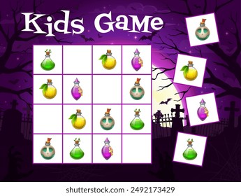 Halloween kids sudoku game with magic potion bottles, vector puzzle quiz worksheet. Cartoon game to find and match same pictures of witch poison in glass bottles or spell elixir vials on cemetery