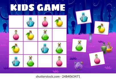 Halloween niños sudoku juego con botellas de poción. Vector tablero de juego adivinanza hoja de cálculo con dibujos animados coloridos frascos de cerveza en tablero a cuadros. Tarea educativa, bromista de crucigramas para niños para la diversión del ocio