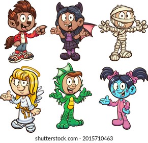 Halloween kids wearing different costumes. Vector clip art illustration with simple gradients. Each on a separate layer. 
