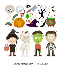 halloween kids, witch, zombie , mummy , skeleton , vector graphics