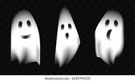 Halloween kind ghost realistic white spirit spooky isolated on transparent background. Scary poltergeist flying night. Banner and poster design website advertising. Vector illustration.
