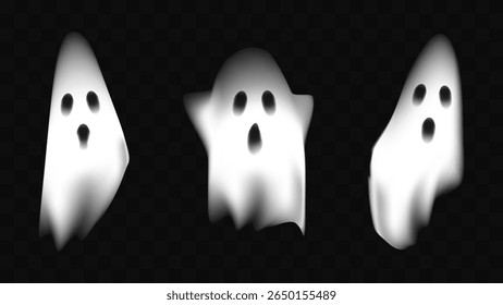 Halloween kind ghost realistic white spirit spooky isolated on transparent background. Scary poltergeist flying night. Banner and poster design website advertising. Vector illustration.