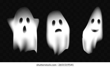 Halloween espírito branco fantasma realista assustador isolado no fundo transparente. Assustador poltergeist voando à noite. Banner e cartaz de design de publicidade do site. Ilustração vetorial.