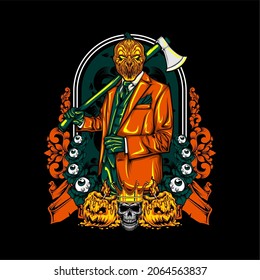 halloween king wearing suit holding axe with awesome background