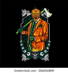 halloween king wearing suit holding axe with awesome background