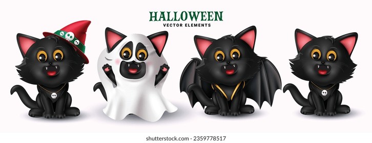 Halloween kitten black set vector design. Halloween cat pet cartoon in ghost and witch costume decoration elements isolated in white background. Vector illustration cute cat spooky collection.
