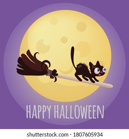 HALLOWEEN KITTEN On Broom Animal Funny Flat Design Cartoon Hand Drawn Vector Illustration Set For Print