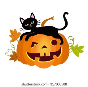 Halloween kitty cat and funny pumpkins. Vector illustration.