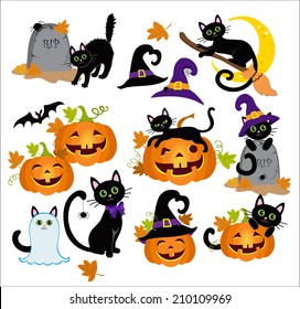 Halloween kitty cats and funny pumpkins. Vector illustration.