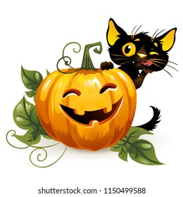 Halloween kitty and funny pumpkins. Isolated on a white background. Vector Illustration.