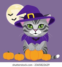 Halloween kitty in witch costume against spooky night scene with full moon  background and flying bats. Funny humorous Halloween pet theme poster, greeting card vector illustration