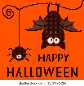 Halloween knitted background with bat and spider. Wool knitted texture. Vector illustration. Can be used as poster, banner, template, invitation or greeting card.