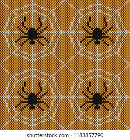 Halloween knitted pattern. Seamless Knitting Texture with spider and web. Design for sweater, scarf, comforter or clothes texture. Vector illustration.
