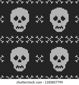 Halloween knitted pattern. Seamless Knitting Texture with skull and bone. Design for sweater, scarf, comforter or clothes texture. Vector illustration.