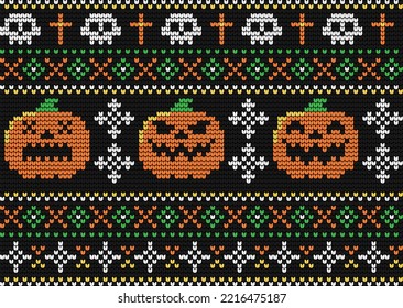 Halloween knitted seamless pattern with pumpkins and skulls. Vector background.