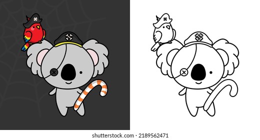 Halloween Koala Clipart Multicolored and Black and White. Beautiful Clip Art Halloween Koala Bear. Cute Vector Illustration of a Kawaii Halloween Animal in a Pirate Costume.
