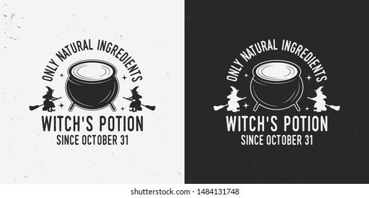 Halloween Label With Cauldron And Witch's  Silhouettes. Witch Logo, Badge. Vector Illustration