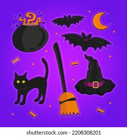 Halloween label collection on purple background. Flat design halloween element pack. Vector conjunto de objetos de halloween, cauldron with potion, bat, moon, cat, broomstick, bone.