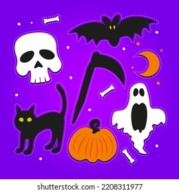 Halloween label collection on purple background. Flat design halloween element pack. Vector conjunto de objetos de halloween, skull, bat, moon, pumpkin, cat, broomstick, bone, ghost