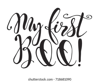 Halloween label with Hand drawn kid vector illustration and quote "My first Boo" inspirational lettering. Holiday poster