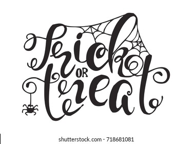 Halloween label with Hand drawn web and spider vector illustration and quote "Trick or Treat" inspirational lettering. Holiday poster