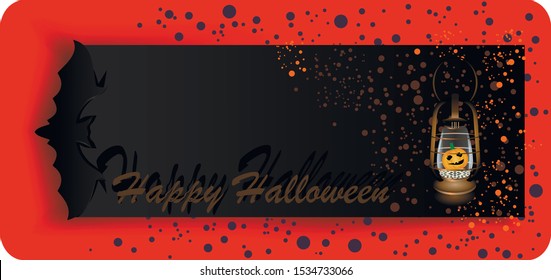 Halloween label with lantern, pumpkin and bat