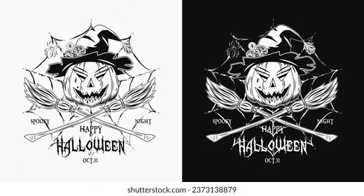 Halloween label with pumpkin head like witch in hat, criss crossed brooms, grunge silhouette of spider web, text. Black and white illustration in vintage style.