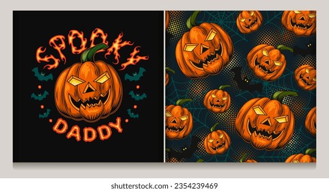 Halloween label, seamless pattern with halloween pumpkin head like Spooky happy daddy, spider web, silhouette of bat. Dark background with round halftone shapes. Family concept. Vintage style