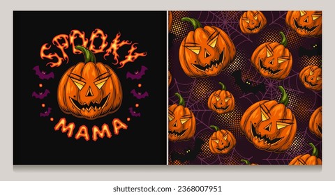Halloween label, seamless pattern with halloween pumpkin head like Spooky happy mama, spider web, silhouette of bat. Dark violet background with round halftone shapes. Family concept. Vintage style