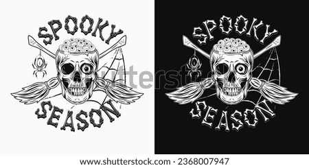 Halloween label with skull without top full of eyeballs, criss crossed brooms, grunge silhouette of spider, spider web, bone text Spooky Season. Vintage style