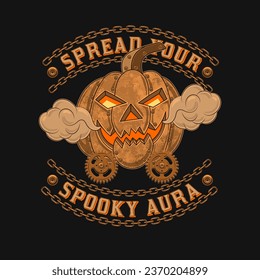 Halloween label in steampunk style with copper halloween pumpkin, rusty gears, rough chains. Creative fantasy concept