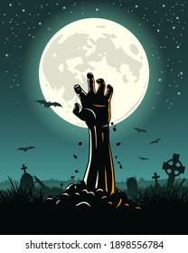 Halloween label with zombie hand from the ground in the cemetery. Zombie party. Vector illustration.
