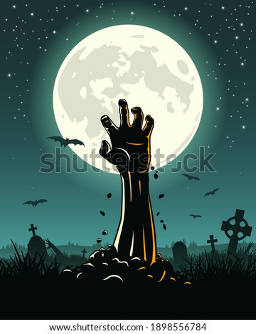 Halloween label with zombie hand from the ground in the cemetery. Zombie party. Vector illustration.