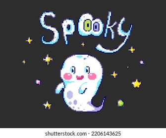 Halloween labels with cute spooky ghost. Pixel art 8bit vector badge with quote for halloween holiday celebration, funny stickers, prints, and backgrounds.