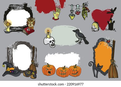 Halloween labels or sticker set with  spooky elements,grunge badges.Doodle design template ,invitations. Cartoon vector illustration