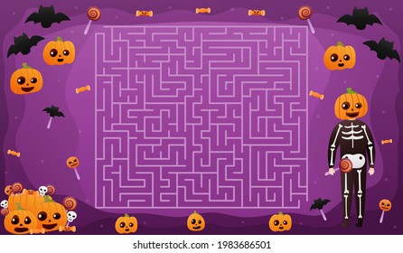 Halloween labyrinth with cute pumpkin character, help to find right way to sweets, flying bats on purple background