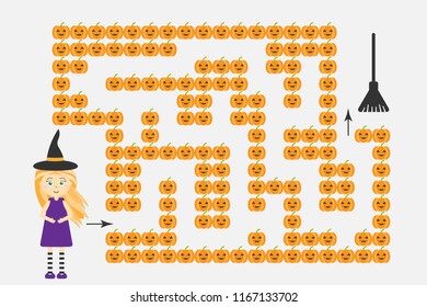 Halloween labyrinth game, help the witch to find a way out of the maze, cute cartoon character, preschool worksheet activity for kids, task for the development of logical thinking, vector illustration
