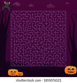 Halloween labyrinth for kid or children books in cartoon style, creepy and spooky maze, pumpkin characters and flying bat, educational puzzle