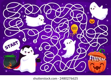 Halloween laberinto juego, fantasma encontrar un camino a la calabaza. Encuentra la forma en que los niños juegan hoja de trabajo, ruta de búsqueda niños Vector rompecabezas o laberinto página con la fiesta de Halloween alegre kawaii fantasmas personajes