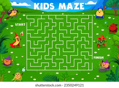 Halloween labyrinth maze game. Help to fruit wizards and mages find a potion. Labyrinth game vector worksheet with mango, banana, guava, pomegranate and watermelon, orange funny sorcerer personages