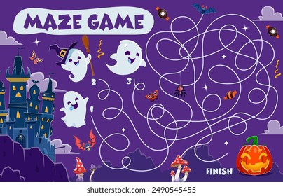 Halloween labyrinth maze game. Help to pumpkin find a cute kawaii ghost character. Kids vector boardgame with tangled path, start and finish, cartoon spooks and haunted castle. Educational riddle test