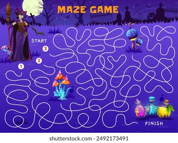 Halloween labyrinth maze game, help to witch find potion bottles on cemetery, vector puzzle worksheet. Kids cartoon quiz to help to witch find way to magic elixir potion vials on labyrinth maze