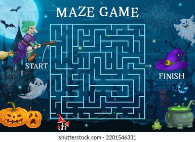 Halloween labyrinth maze. Help to witch to find her hat. Children find way playing activity or quiz vector worksheet with witch on broom, cauldron with magic potion, pumpkin lantern and cemetery ghost