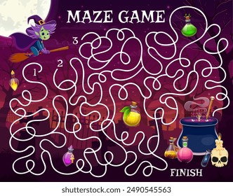 Halloween labyrinth maze quiz game, help to witch find a magic potion bottles on cemetery vector worksheet. Kids puzzle with cartoon witch flying on broom to potion cauldron, tombstones and full moon