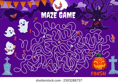 Halloween labyrinth maze quiz. Help to cute kawaii ghost to find a pumpkin lantern. Kids vector board game with tangled path, start and finish, cartoon spooks and night cemetery. Children riddle, test