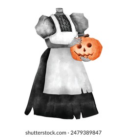 Halloween lady carry pumpkin head. Water color hand draw vector