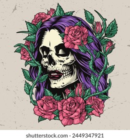 Halloween lady colorful vintage flyer with wild flowers roses with thorny stem around skull girl risen from dead vector illustration