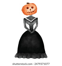 Halloween dama fantasma cabeza de calabaza. Vector de acuarela