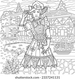 Halloween lady near haunted house. Adult coloring book page with intricate antistress ornament