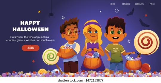 Halloween landing illustration with Trick or treating kids. Candy on background. pumpkin bag. web site template.